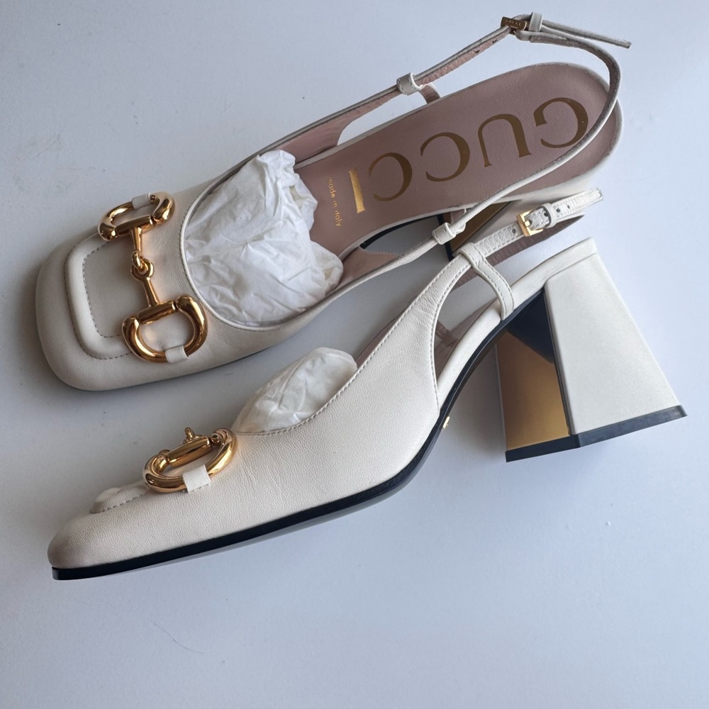 Gucci Cream Slingback Heels with Gold Detail